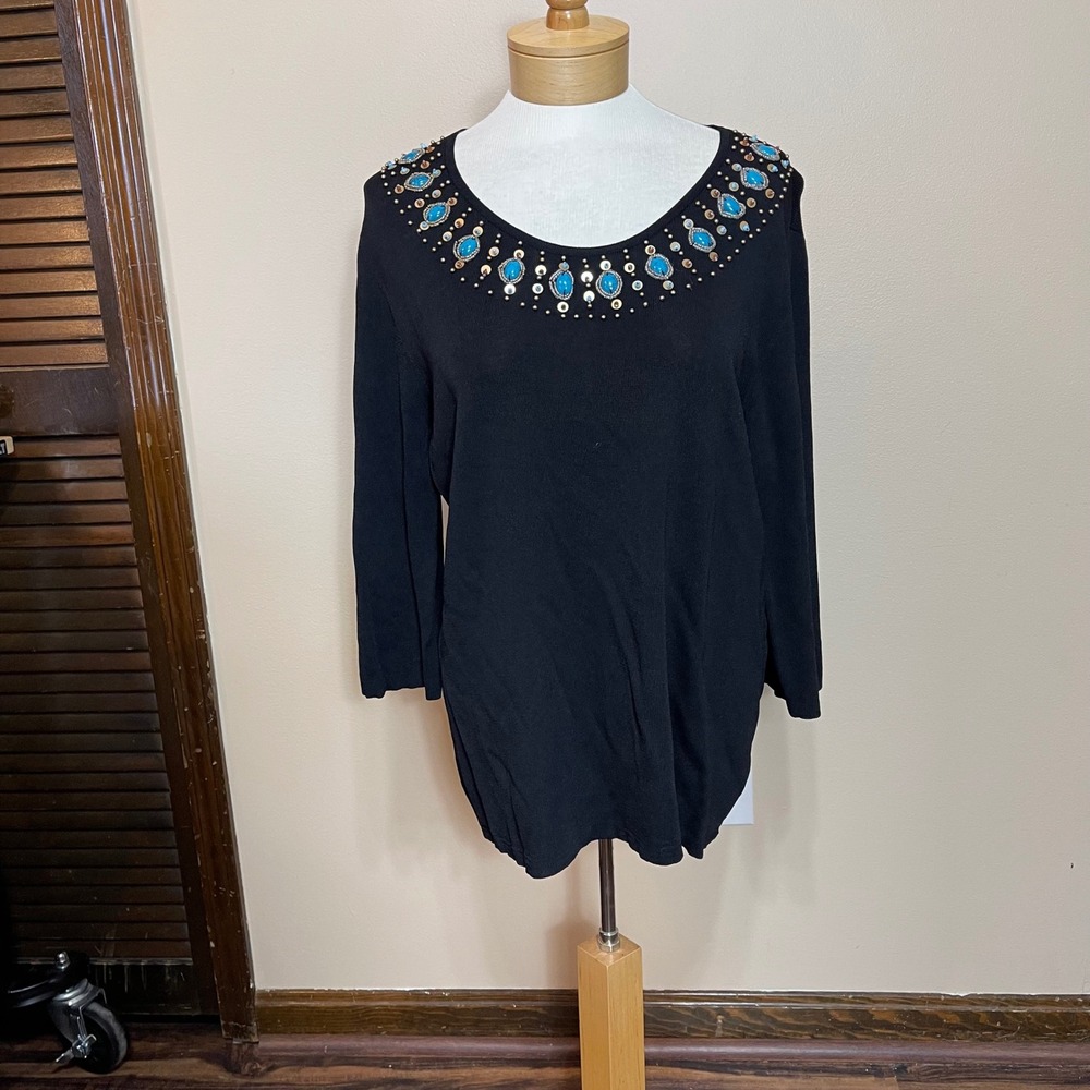 Joseph A. Woman Black Knit Top Turquoise Beaded Scoop Neck 3/4 Sleeve 1X